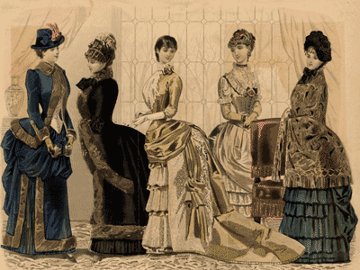 Women in day dresses from the bustle period, 1884. From the Little-Bower fashion plate collection.
