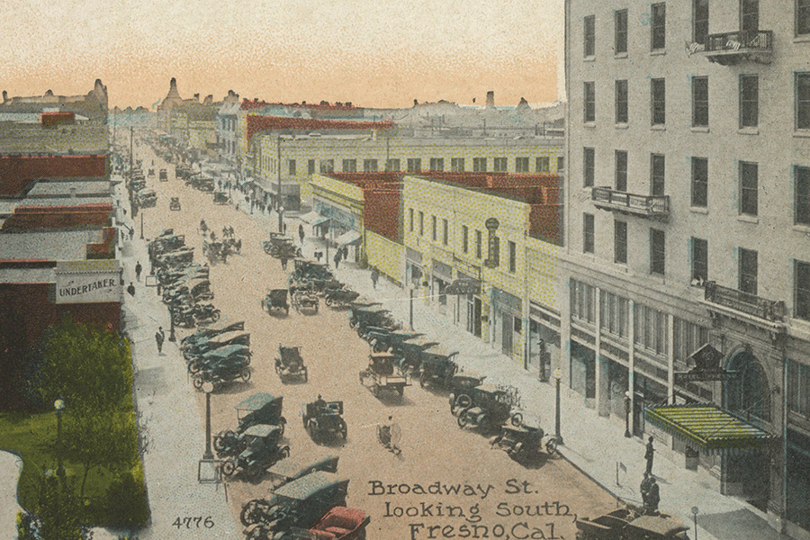 Postcard of early Fresno street scene.