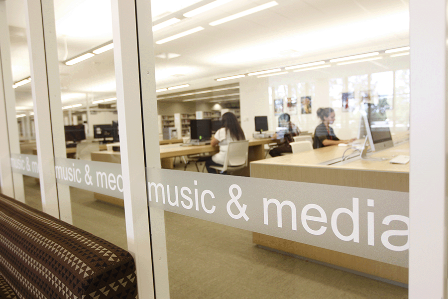 View through the front doors of the Music and Media Center.