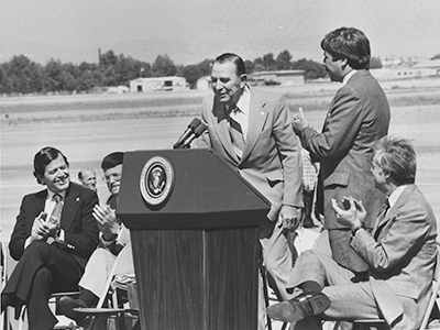 Bernie Sisk with Jimmy Carter at Fresno airport press conference. From the B. F. Sisk Papers.